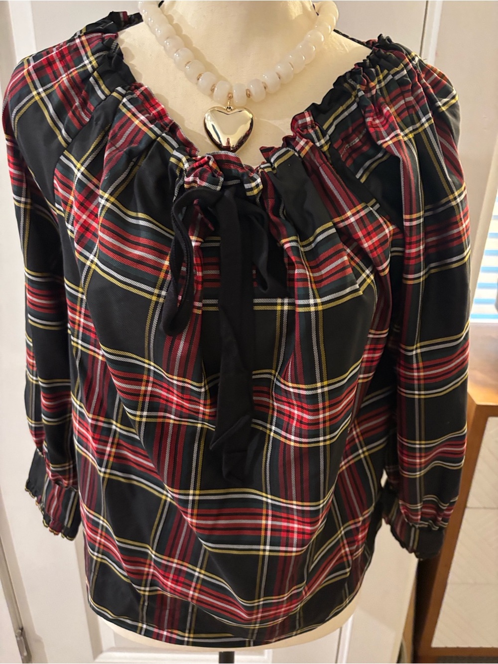J. Crew Red & Black Plaid Off-Shoulder Tie-Neck Blouse